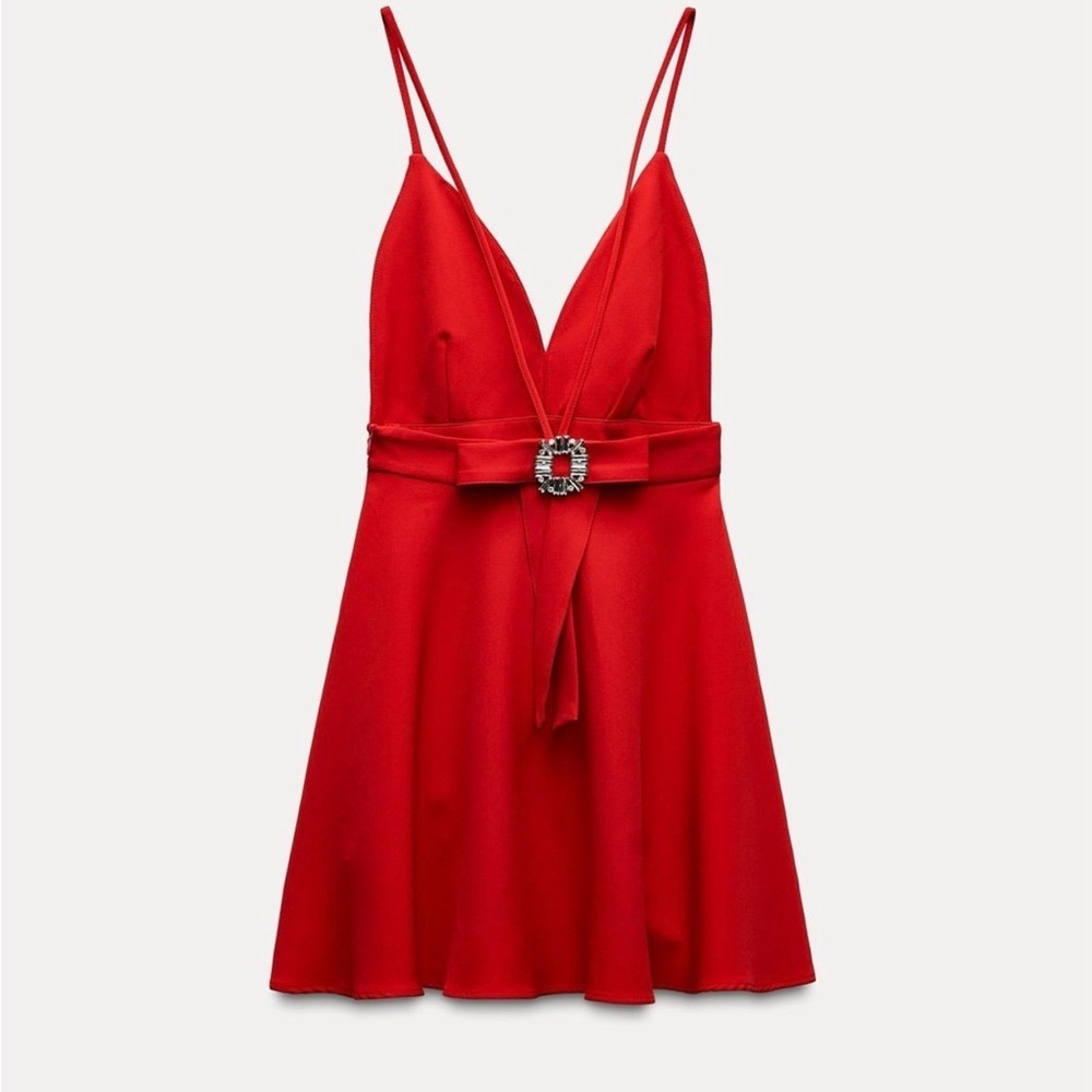 Zara Elegant V Neck Red Dress Size Medium - Picture 2 of 7